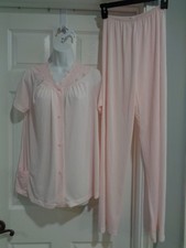 NWT Women's vintage SHADOW LINE opaque pink 2 piece pajama set top bottoms, 32