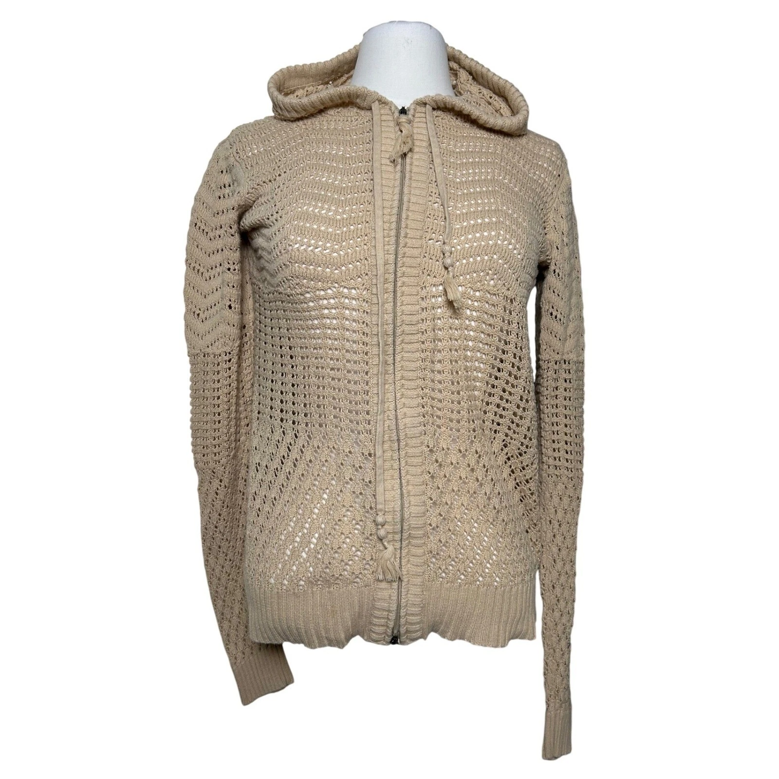 Athleta Womens Tan Beige Boho Crochet Knit Full Zip Hoodie Sweater Size S