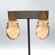 Art Deco Czech Light Rose Pink Molded Ornate Art Glass Brass Drop Earrings