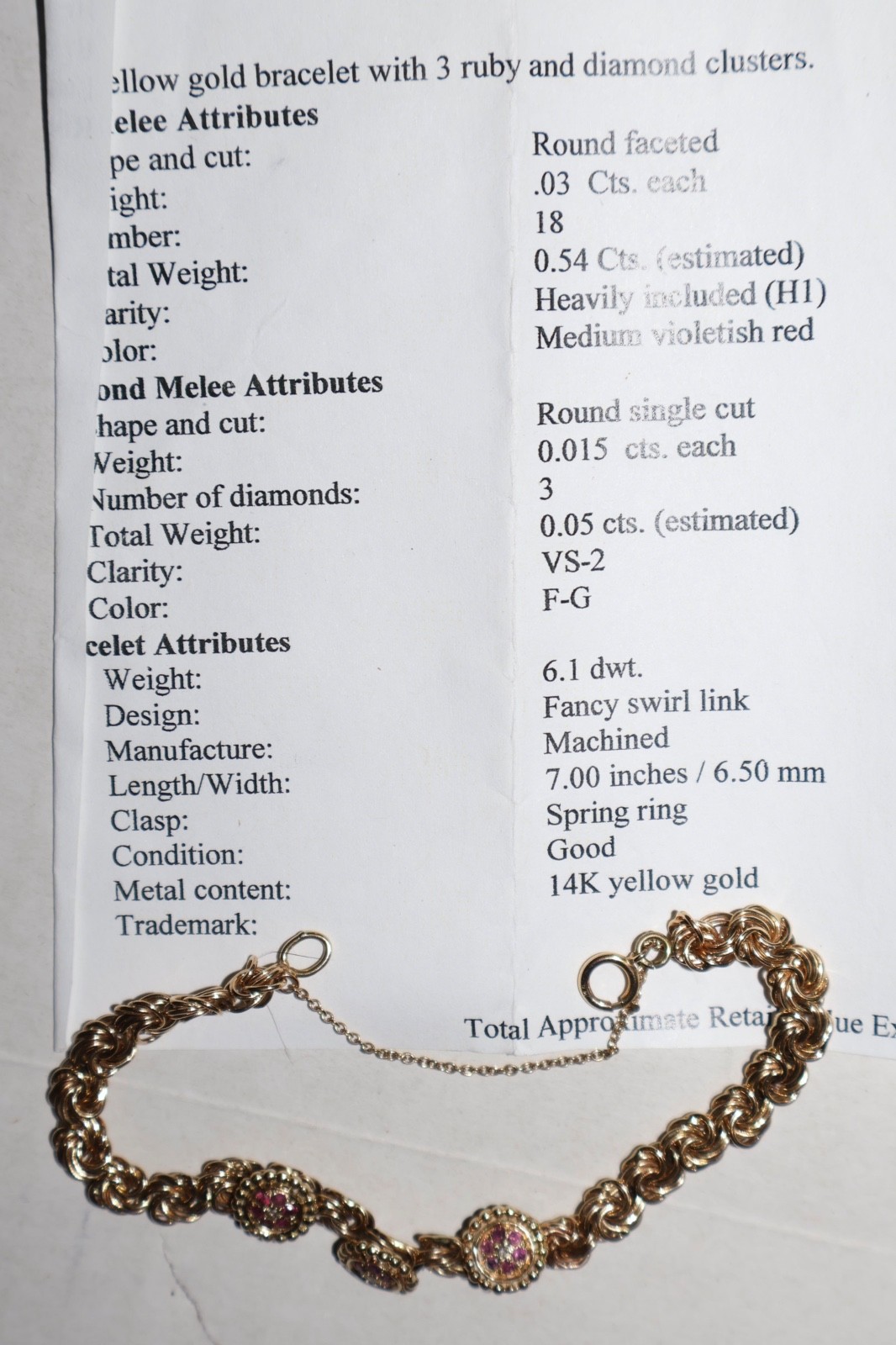 14K Solid Yellow Gold  Bracelet w/ 3 Ruby Diamon … - image 2