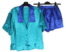 VTG VICTORIA'S SECRET Teal/Blue SATIN Button GOLD LABEL Pajamas SHIRT/SHORTS S