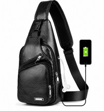 Black Chest Crossbody Bag Sling Backpack for Men with USB Charge Port Hole