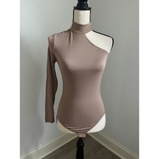 One Shoulder Mock Neck Bodysuit sz Small Tan Long Sleeve Earthy Minimalist Chic
