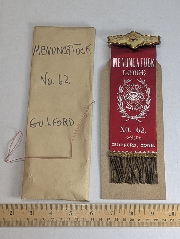 IOOF OddFellows FLT Red/Black Ribbon Menuncatuck Lodge 62 Guilford CT w/Envelope