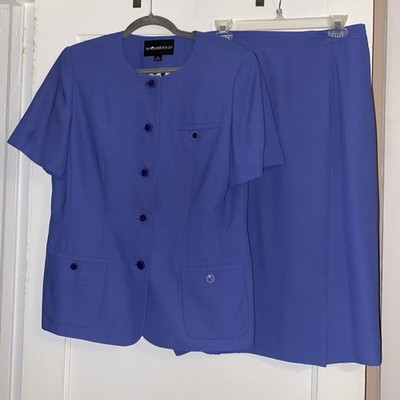 Vintage Sag Harbor Size 14 Dress Short Sleeve Blue Skirt Suit Lined Button NICE!