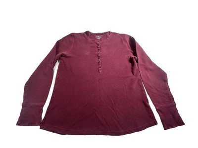 LL Bean Henley Shirt Womens Large Reg Burgundy Waffle Knit Long Sleeve Casual