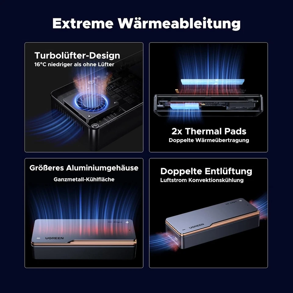 UGREEN 40Gbps M.2 NVMe SSD Gehäuse – USB4, Thunderbolt 4, Aluminium, 2280 - Bild 4 von 4