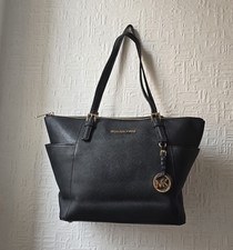 Michael Kors Black Textured Leather Tote Shoulder Bag Gold Hardware MK Charm