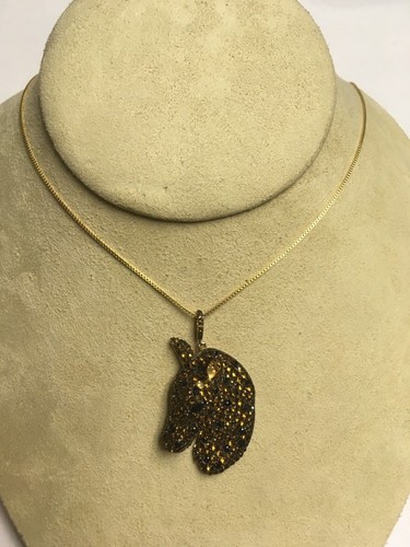 Sterling Silver Cubic Zirconia Pave Horse Head Pendant Necklace Yellow 925 - Picture 4 of 5