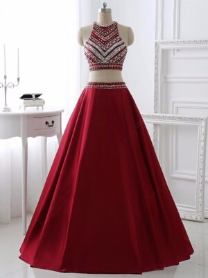 Sparkly Piece Burgundy Prom Dress Princess A Line Scoop Satin