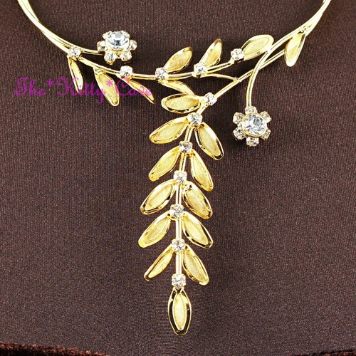 Delicate Lace Mesh Floral Flower Bridal Prom Gold Necklace w/ Swarovski Crystals - Picture 3 of 5