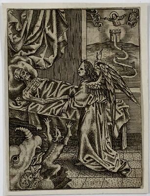 1623 Meister MZ. Ars Moriendi. Engel Mahnt Vor Gier, Sterbebett, Radierung