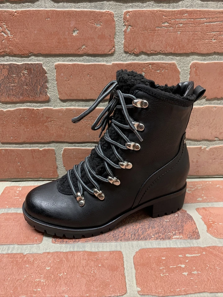 CALL IT SPRING Black Leather Lace Up/Zip Faux Fur Lined Ankle Boots Women’s Sz 5 - Image 2 of 4