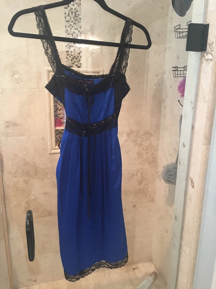 Mini Vestido Estilo Vintage Años 90 BETSEY JOHNSON Azul 100% Seda Encaje XS S 2 Foto 2 de 4