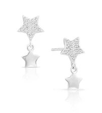 925 Sterling Silver CZ Double Star Dangle Drop Ear Post Push-back Stud Earrings
