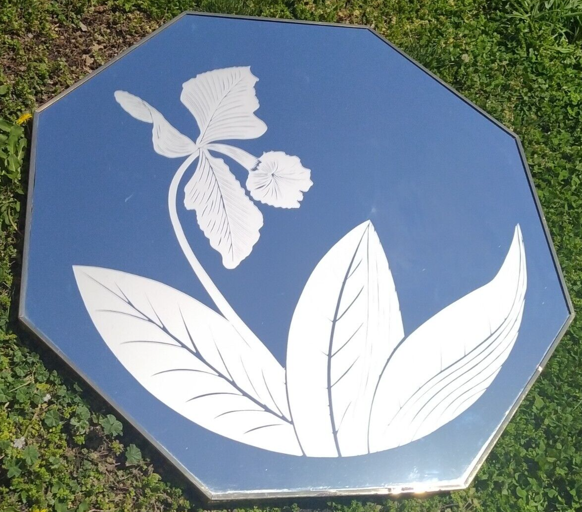 70s Windsor Art Frosted Octagon Etched Orchid Floral Mirror 36