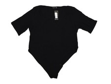 Boohoo Bodysuit Womens 22 Black Rib Knit Square Neck Short Sleeve Stretch New