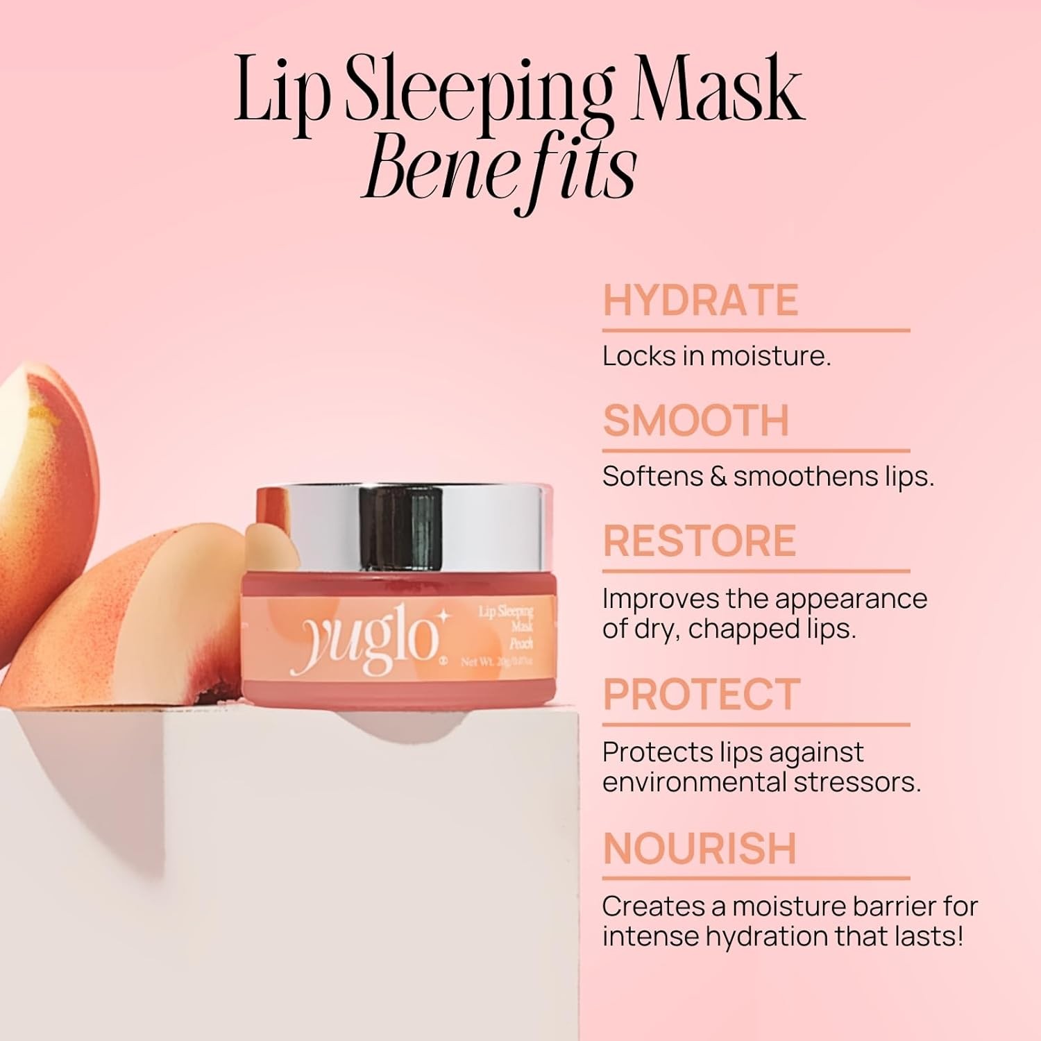 YUGLO Lip Sleeping Mask | Peach Flavor | Hydrating & Soothing Pink 