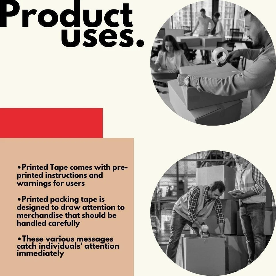 Mango de cinta de embalaje frágil con cintas de seguridad de 3" x 110 yardas (330') de cuidado 2,0 mil Foto 4 de 4