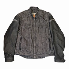 Icon Strongarm Motorcycle Biker Denim Jean Jacket Leather Sleeves Mens L Lined