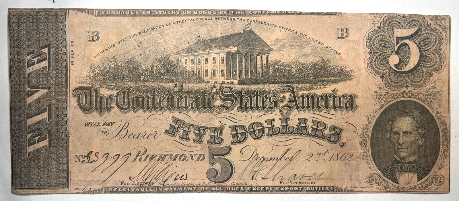 1864 $5 CSA CONFEDERATE STATES OF AMERICA CURRENCY NOTE RICHMOND FANCY REVERSE!!