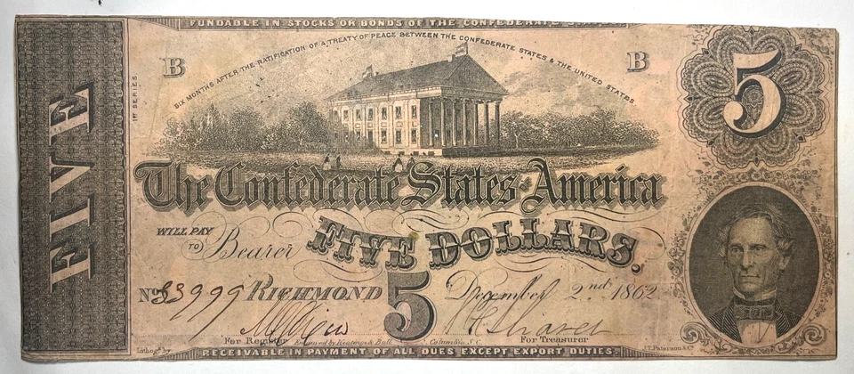 1864 $5 CSA CONFEDERATE STATES OF AMERICA CURRENCY NOTE RICHMOND FANCY REVERSE!! - Image 2 of 2