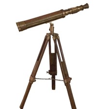 Antique Brass Terrestrial Telescope on Wooden Tripod Late 19th Century Q.P. Mark
