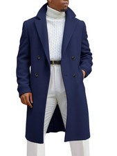 Runcati Mens Trench Coat Notched Lapel Double Breasted Mid Long Pea Coat Casu...