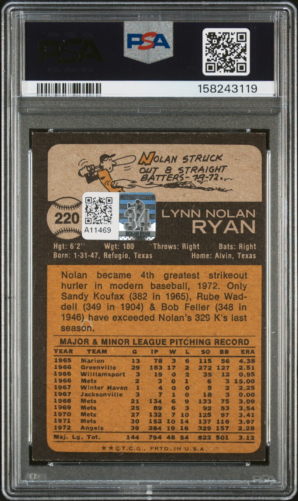 1973 TOPPS #220 NOLAN RYAN PSA 7 AUTO 10 view 2