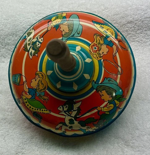 Vintage 1950's Ohio Art USA Tin Spinning Top Toy Wood Handle Workin 9”