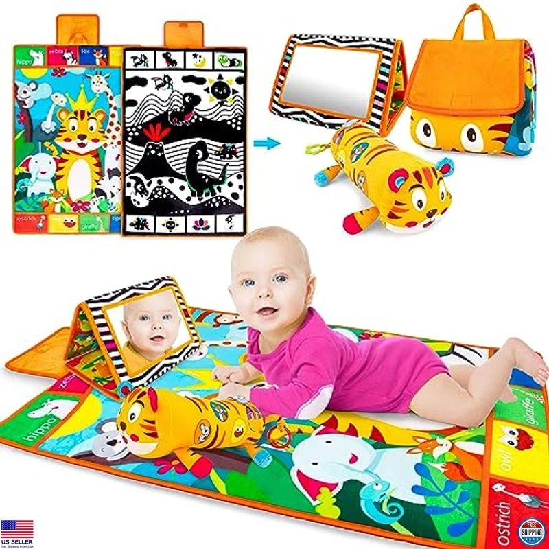 3-in-1 Tummy Time Play Mat with Mirror & Pillow - Black & White Educational Toy