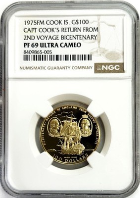 1975 FM GOLD COOK ISLANDS $100 DOLLAR JAMES COOK COIN NGC PROOF 69