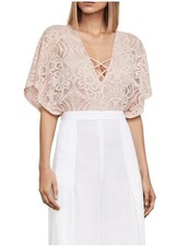 BCBG Maxazria "Beata" Pink lace one piece bodysuit Flowy Sleeve V Neck Size S