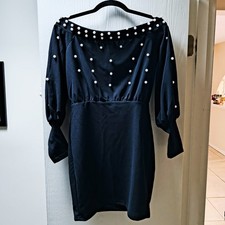 Women's Medium Black Dress with Pearls Off Shoulder Neckline SHEIN
