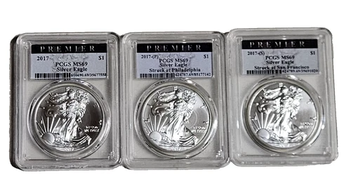 3) 2017 (P) (S) AND REGULAR SILVER EAGLE PCGS MS69 LOT