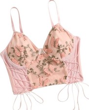 Embroidered Butterfly Sheer Mesh Corset Top Sz L Pink Fairy Coquette Y2K Ballet