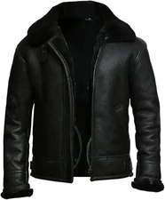 Men's Black Shearling Style Leather RAF Pilot Jacket Real Sheepskin Bomber Coat