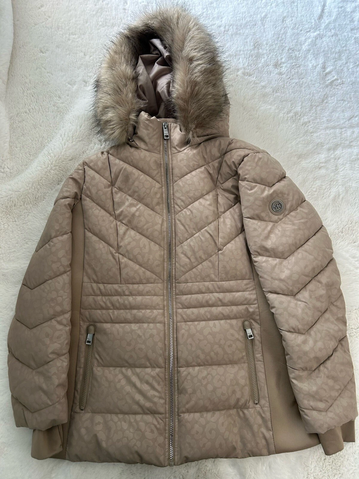Michael Kors Logo Taupe Beige Leopardato Stampa Cappuccio Puffer Cappotto Giacca Donna XL