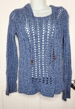 American Eagle Womens Blue Cotton Knit Hoodie Wood Beaded Tassels Sz M
