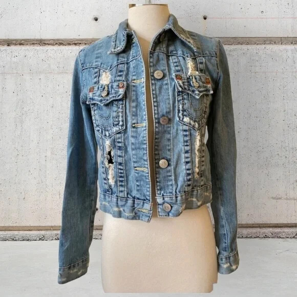 さや true religion damage denim jacket True religion Distressed￼ denim jacket size XS | eBay