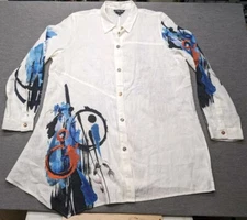 Citron Santa Monica Women's Plus 0X Koi Fish Print Lagenlook Blouse 100% Linen