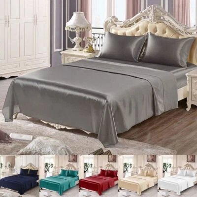 4Pcs Satin Silk Fitted Flat Sheet Pillowcases Twin Queen King Bedding Set