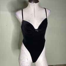 Vintage Y2K Delicates Black Velvet Thong Camisole Bodysuit 34B