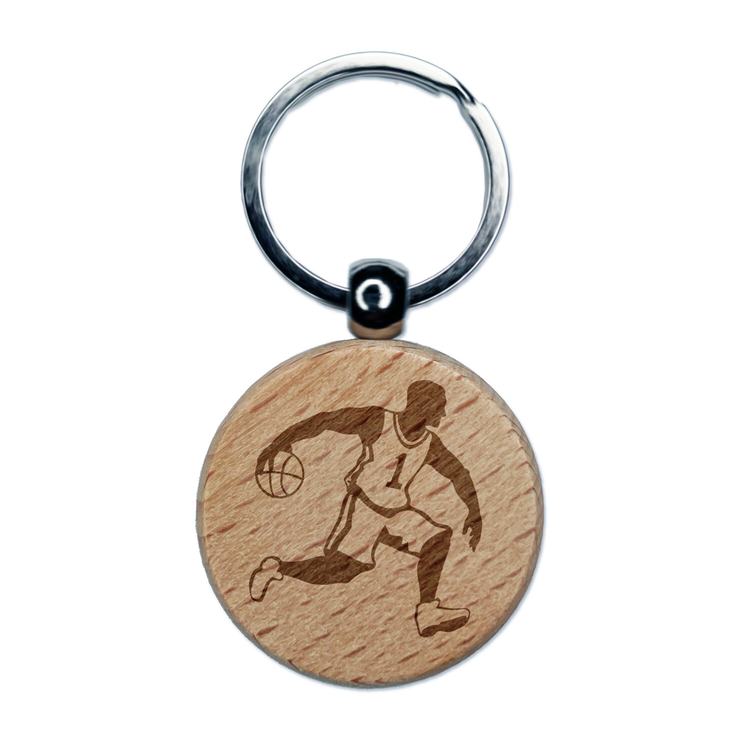 Basketball Player Dribbling Engraved Wooden Keychain Charm