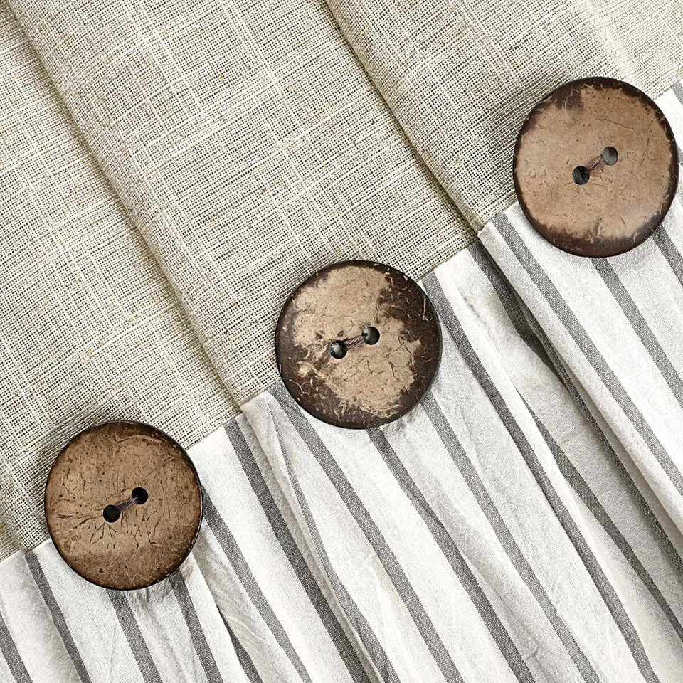 Cortina de Ducha, Rayas Beige y Gris,Cortina Botón,Lino y Algodón Tejido Foto 3 de 4