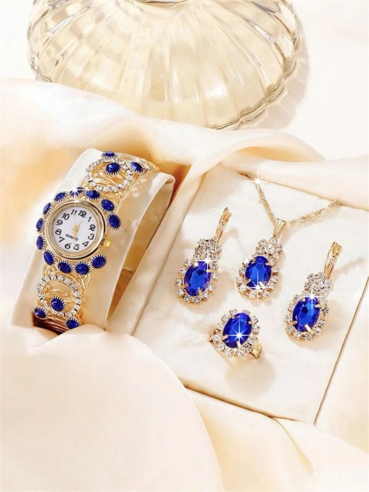 Parure bijoux montre femme or et bleu avec collier ensemble 5 pièces lusso