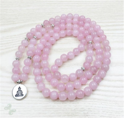6mm Rose Quartz Gemstone Bracelet 108 Beads Mala  Bracelet Yoga Cuff