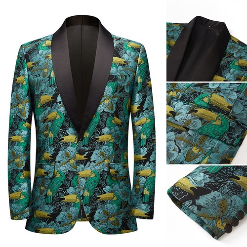 Men Suit Blazer Dinner Dress Jacket Showman Woodpecker Pattern Jacquard - Picture 3 of 10