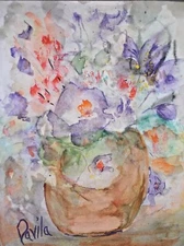 ORIGINAL SAND SHELL FLORAL IMPRESSIONISTIC WATERCOLOR PAINTING BY DAVILA, 9"X12"