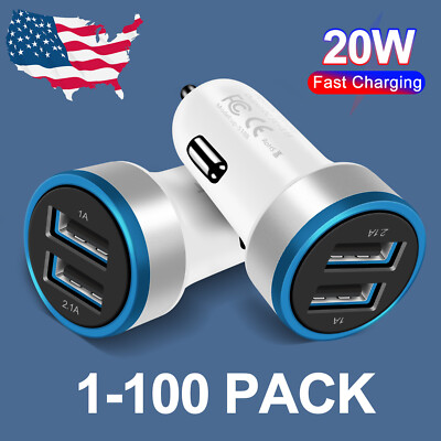 1-100x US Dual 18W USB C Fast Charging Adapter Cigarette Lighter Car Charger Lot